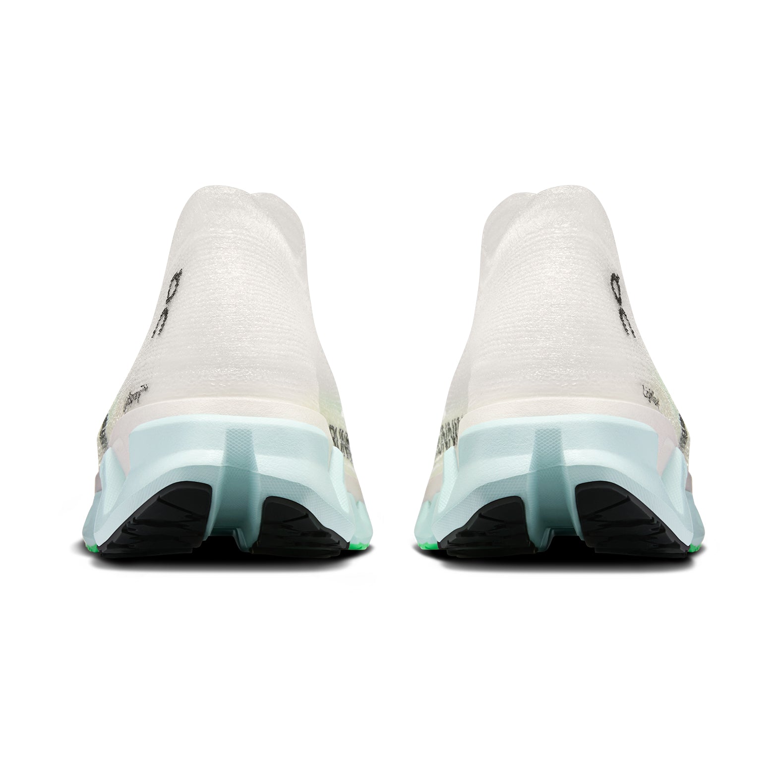 On Cloudmonster 3 Hyper LS Flurry Verdite heel view showing Helion HF hyper foam with Helion foam base layer for durable responsive cushioning during high-mileage training