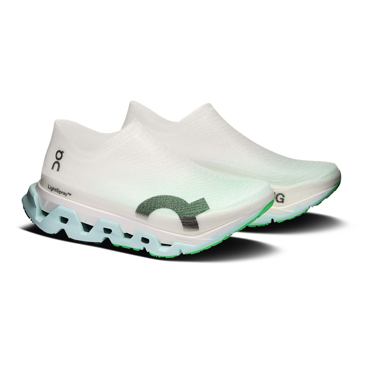 On Cloudmonster 3 Hyper LS Flurry Verdite angled side view of pair showing precision-engineered LightSpray upper with dual-layer CloudTec foam for lightweight responsive super trainer running