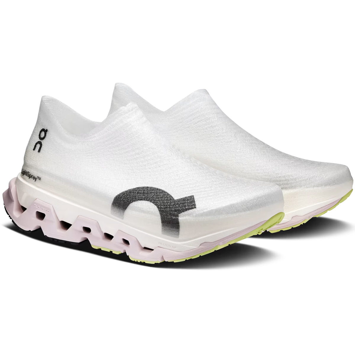 A pair of white slip-on athletic shoes with a translucent upper, black logo, chunky white and pink sole, and light green tread.