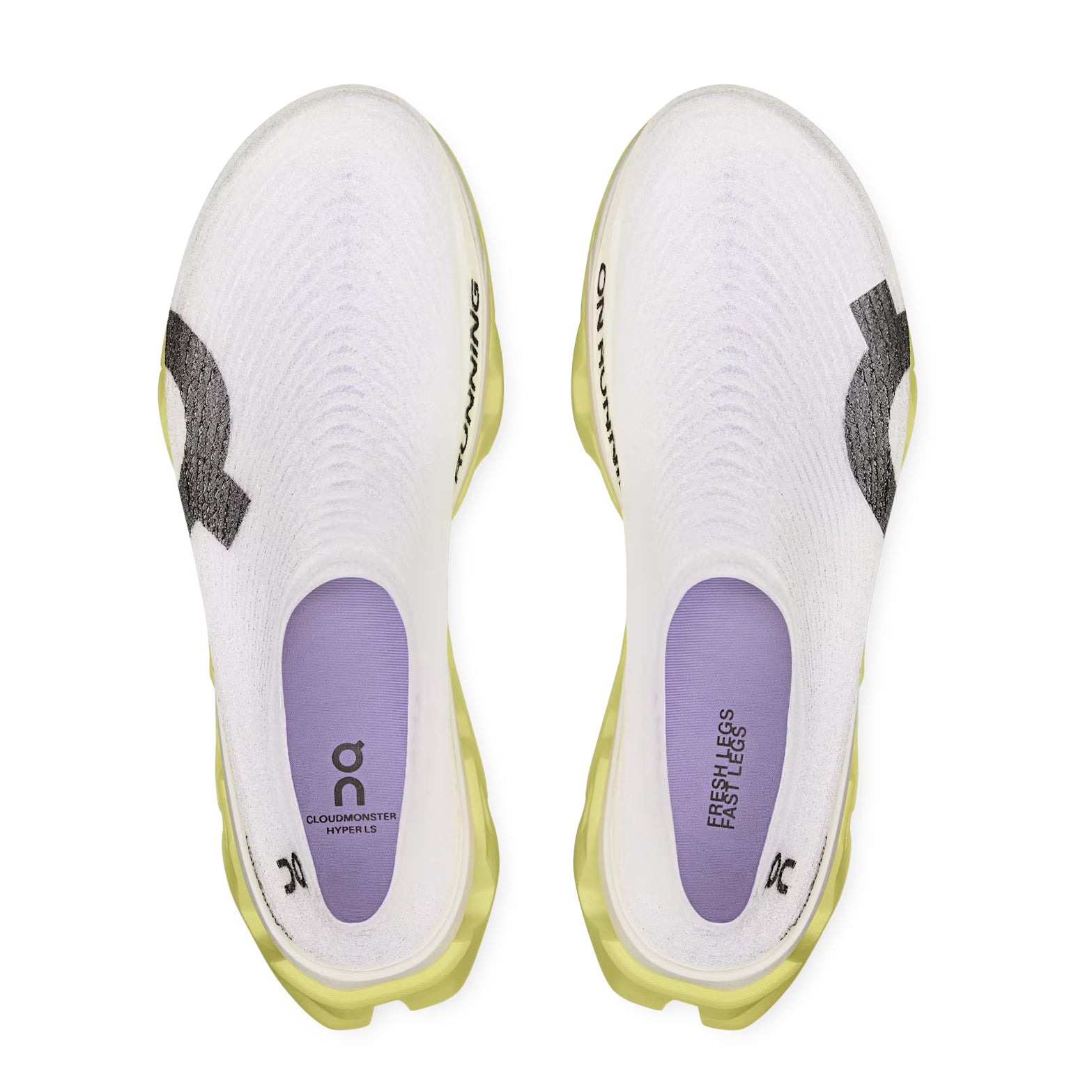 On Cloudmonster 3 Hyper LS women's running shoe in Limelight / Blue — top-down view showing black LightSpray™ seamless one-piece upper with sock-like fit and lace closure with apollo detailing