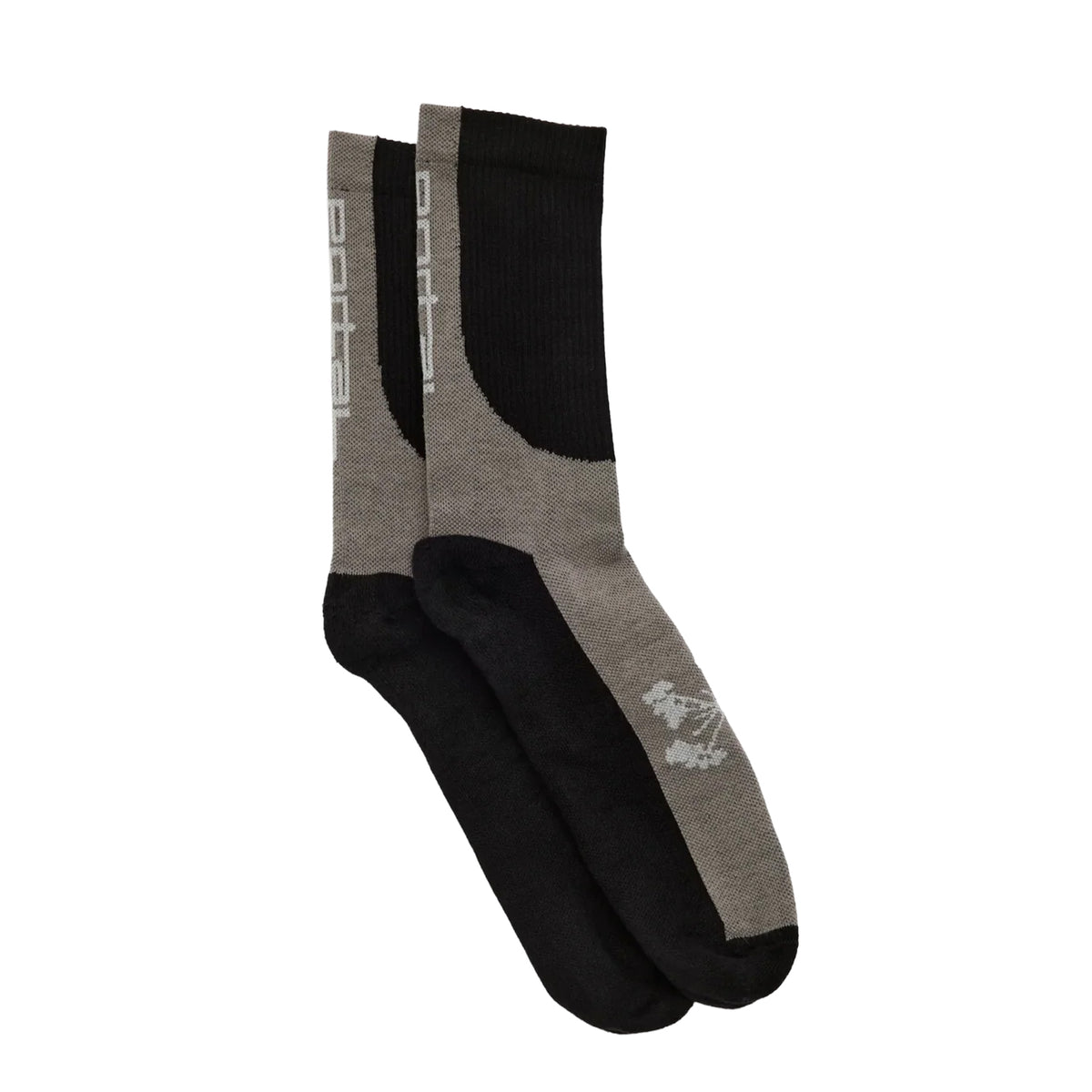 Introducing the Portal Lineage All Purpose Socks in Black Beauty: performance cotton blend socks featuring a black and gray colorway, moisture control technology, a geometric motif near the toes, and a distinctive vertical Portal logo along the side of the cuffs—perfect for all-purpose active wear.
