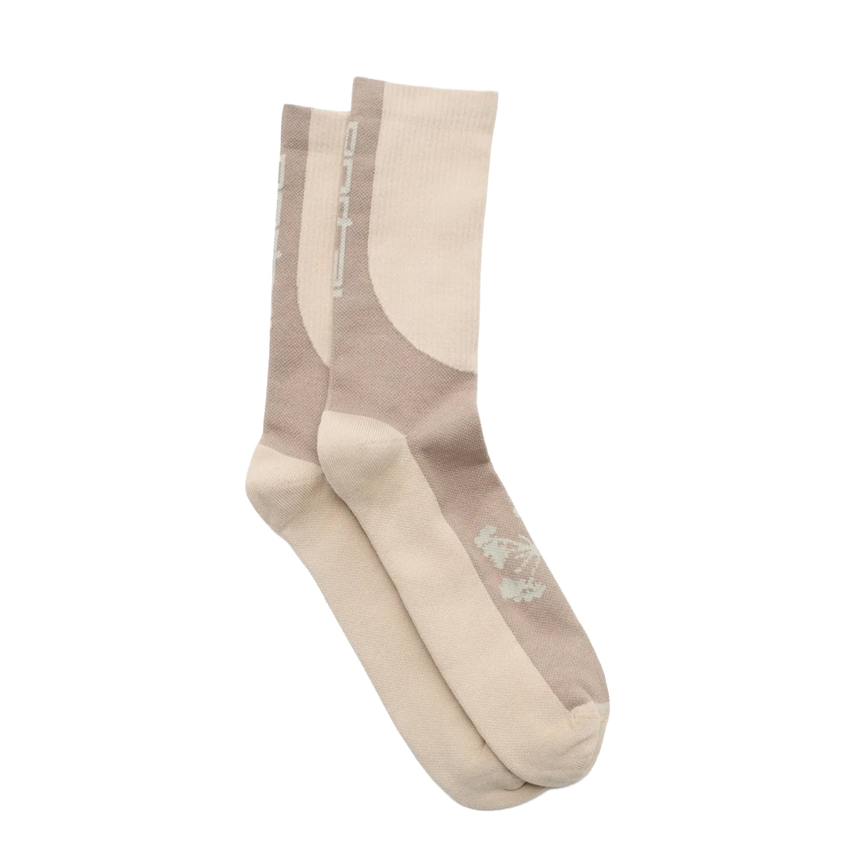 A pair of Portal Lineage All Purpose Socks in greige, made from a performance cotton blend, featuring a geometric pattern and white text along the side, designed for versatile active use and shown on a white background.