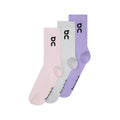 On Logo Socks High 3 Pack Orchid Bloom product view showing three pairs of high-cut running socks with double logo detailing and arch support construction