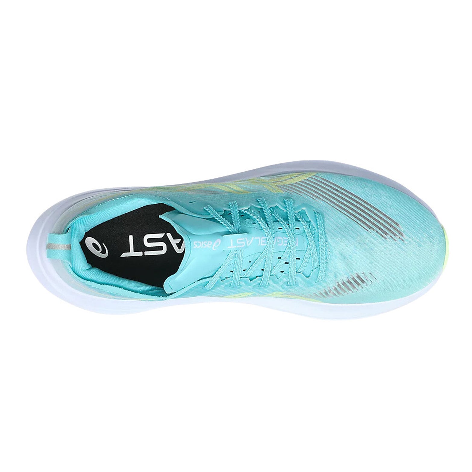 ASICS MEGABLAST running shoe in Energy Aqua / Blue Fade — top-down view showing energy aqua translucent woven upper construction, lace closure and blue fade accent detailing