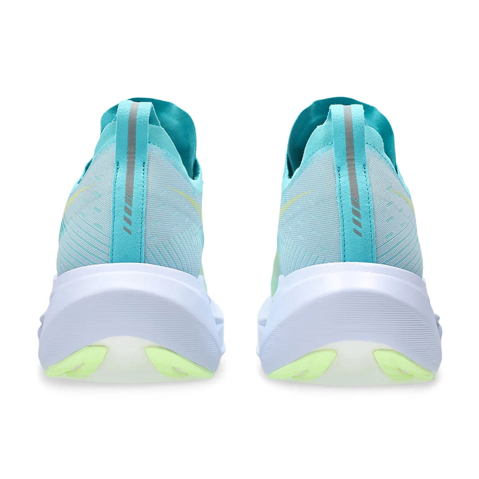 ASICS MEGABLAST running shoe in Energy Aqua / Blue Fade — heel view showing lightweight support construction, blue fade accent detailing and energy aqua FF TURBO foam midsole contrast with bouncy cushioning