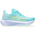 ASICS MEGABLAST running shoe in Energy Aqua / Blue Fade — outer view showing energy aqua translucent woven upper with blue fade accent detailing and FF TURBO foam midsole profile