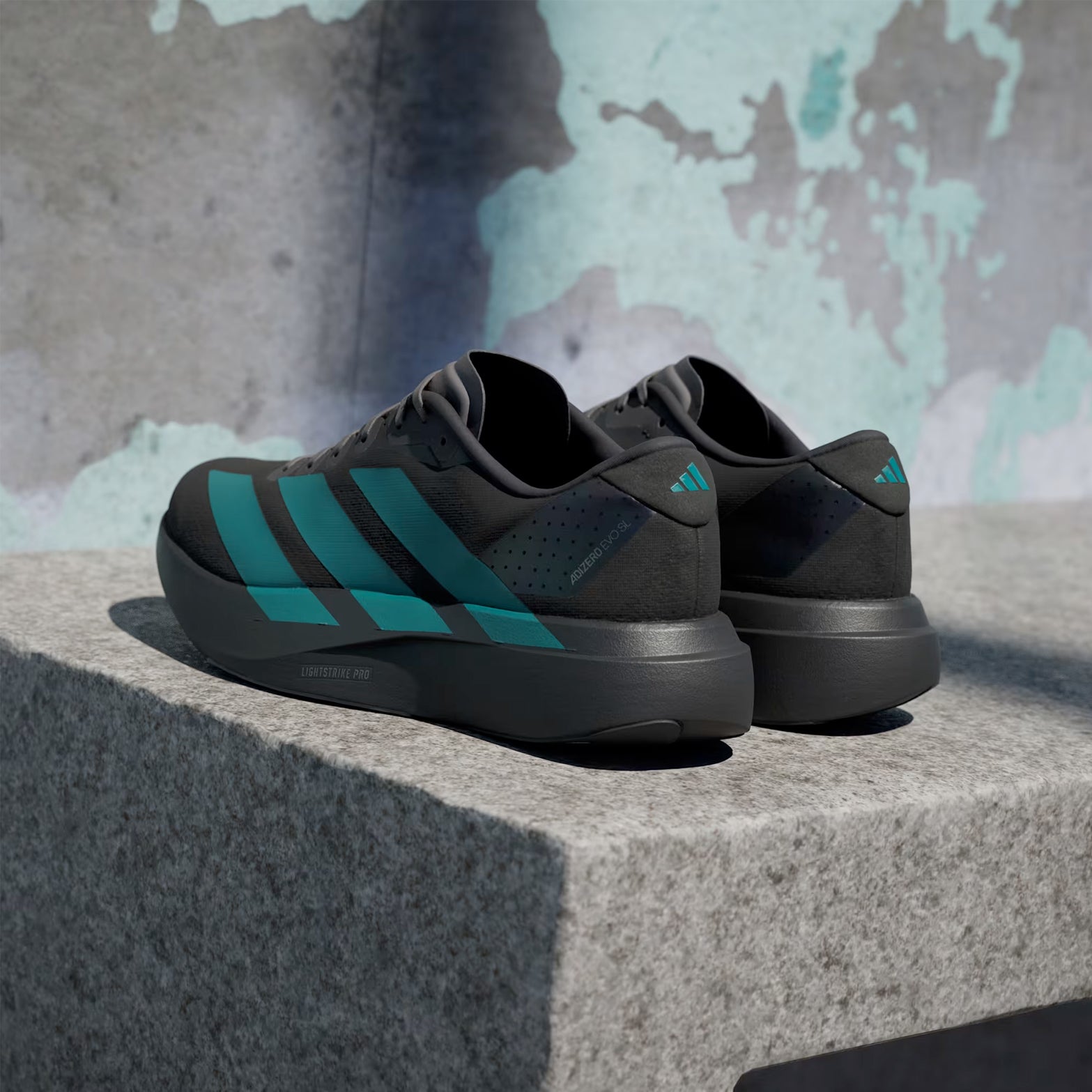 Men's Adizero EVO SL Running Shoes Core Black / Pure Teal / Grey Four - Achilles Heel