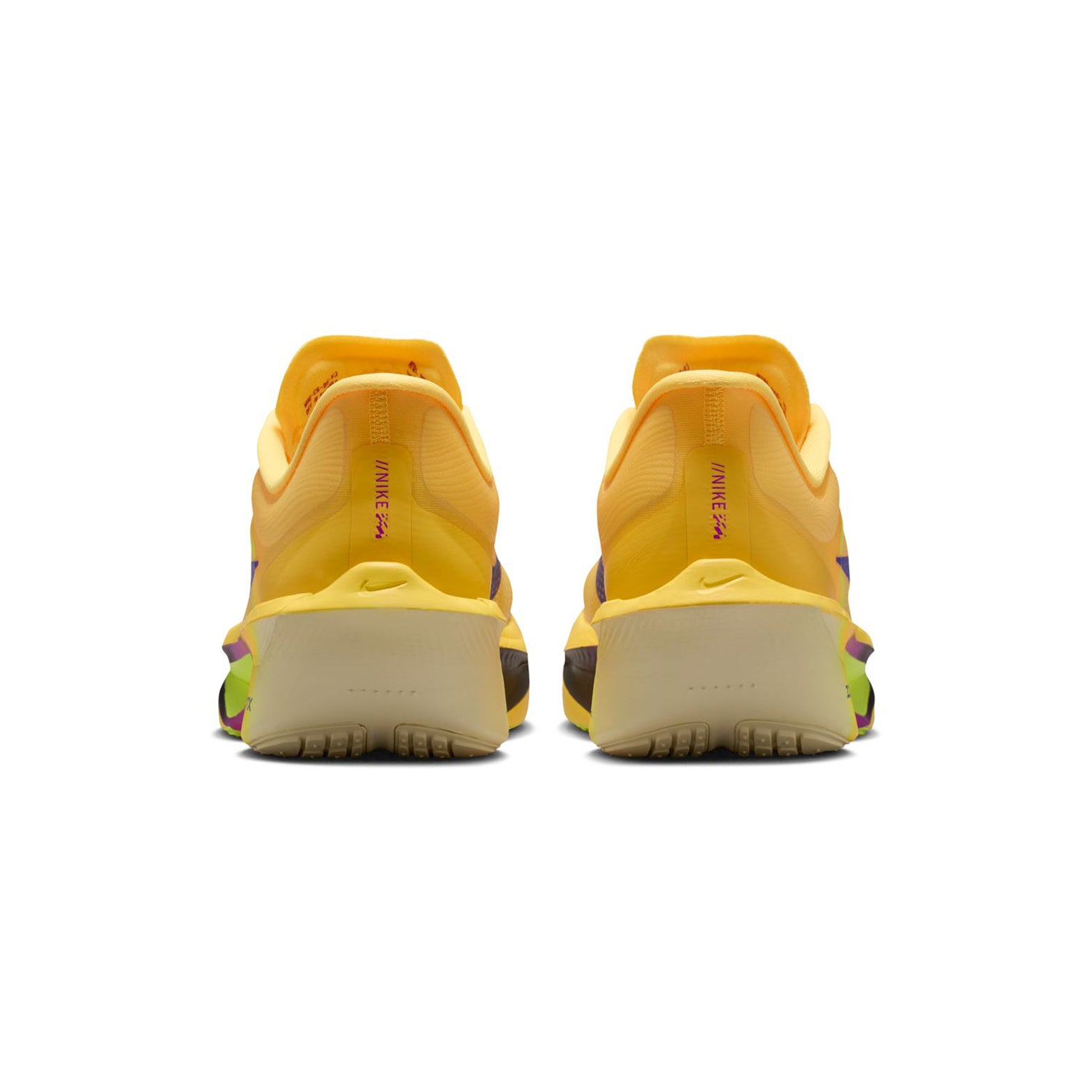 Men's Zoom Fly 6 Running Shoes Citron Pulse Volt Ice Hyper Violet Indigo Burst pair heel view showing lightweight construction