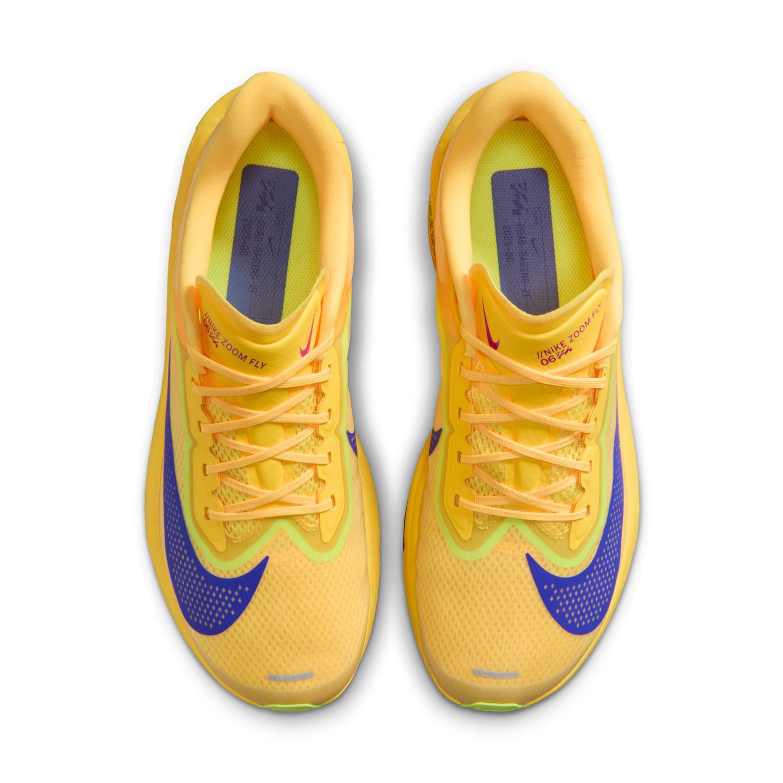 Men's Zoom Fly 6 Running Shoes Citron Pulse Volt Ice Hyper Violet Indigo Burst pair top view showing synthetic leather upper