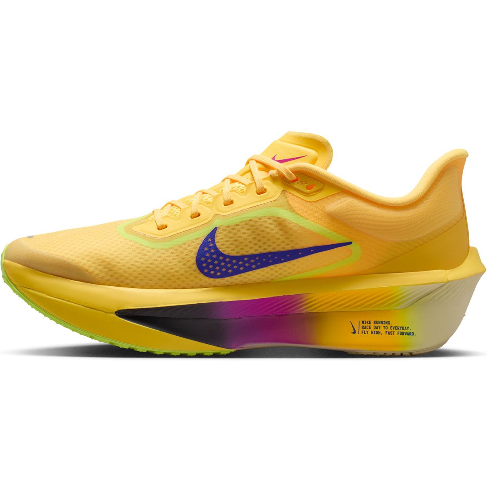 Men's Zoom Fly 6 Running Shoes Citron Pulse Volt Ice Hyper Violet Indigo Burst inner side view with ZoomX foam midsole