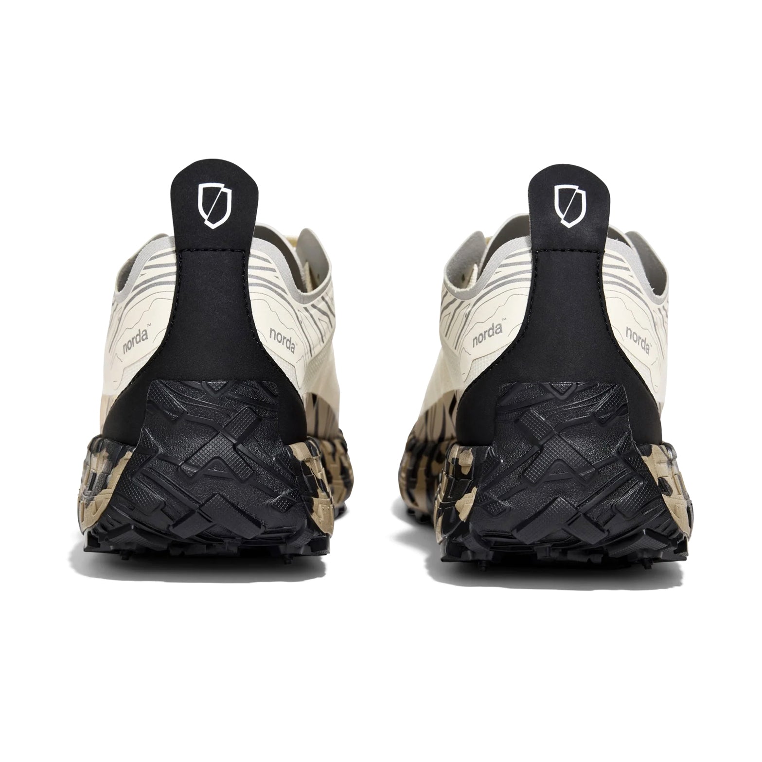 Men's norda 001A Trail Running Shoes Abyss pair heel view showing Arnitel TPEE midsole and norda Lock System sock gusset construction