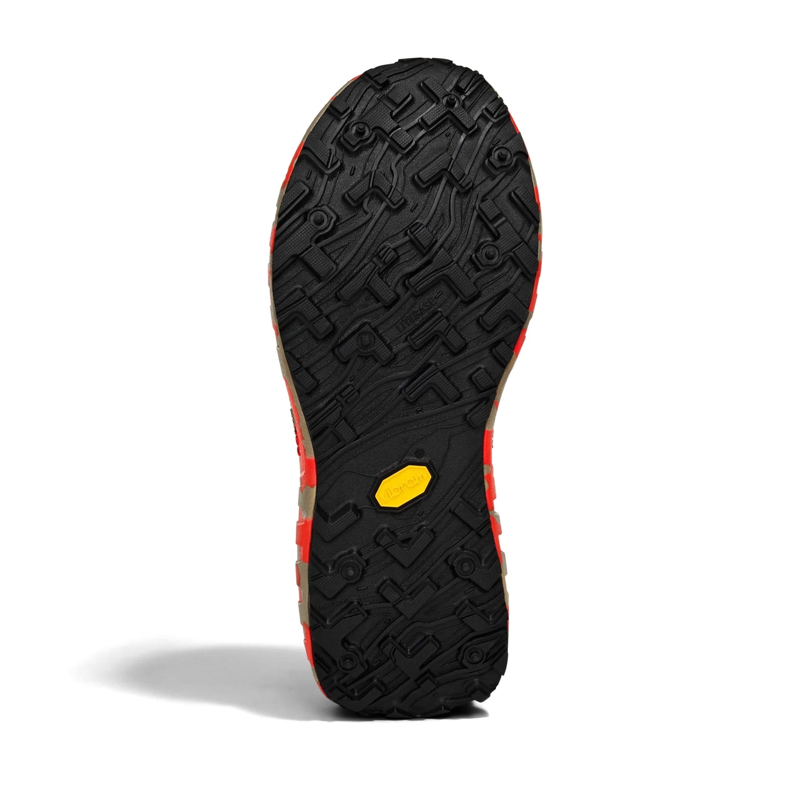 Men's norda 001A Trail Running Shoes RZ Fireclay sole view displaying Vibram Mega Grip rubber and Canadian Shield-inspired soleplate design