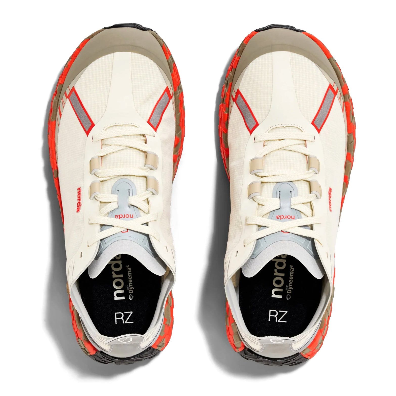 Men's norda 001A Trail Running Shoes RZ Fireclay pair top view showing seamless bio-circular Dyneema upper construction and norda x Dyneema laces