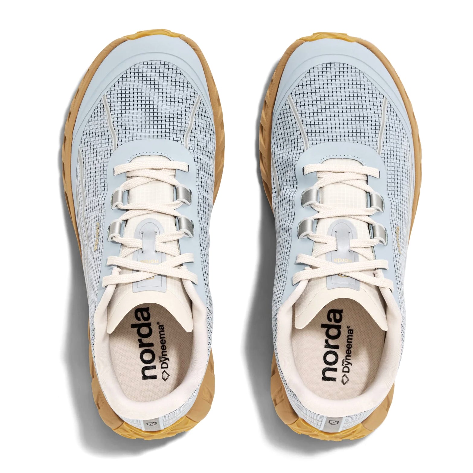 Men's norda 002 Trail Running Shoes Kanagawa pair top view showing seamless bio-based Dyneema one-piece woven upper and norda x Dyneema laces