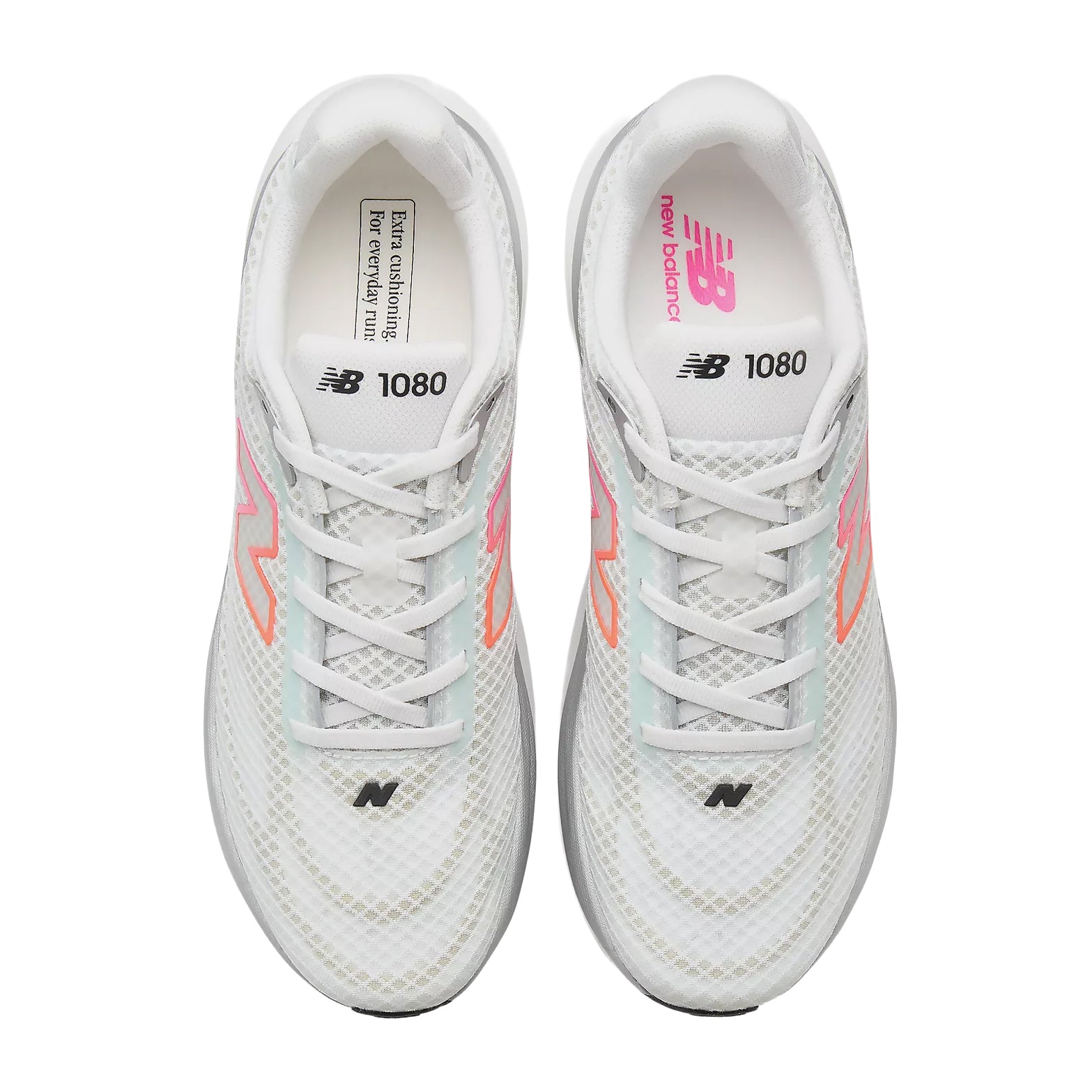 New Balance 1080v15 Breathe men's running shoe in White / Pink Heat / Tangerine Heat — top-down view showing white perforated mesh upper construction, moulded contour detailing and lace closure with pink heat accent