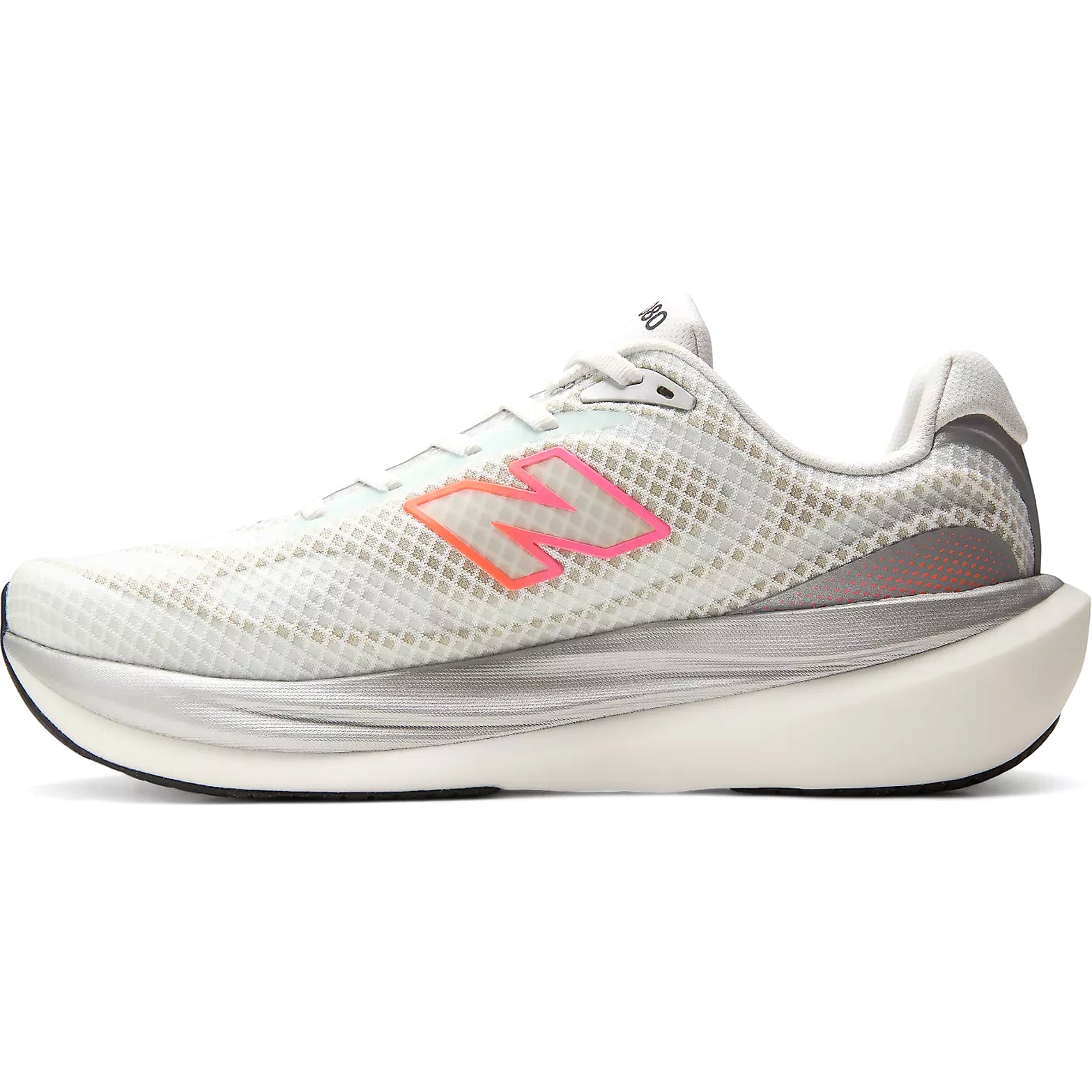 New Balance 1080v15 Breathe men's running shoe in White / Pink Heat / Tangerine Heat — outer view showing white perforated mesh upper with pink heat and tangerine heat accent detailing and Infinion midsole profile