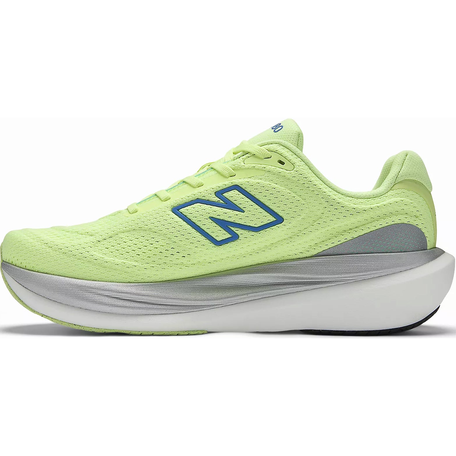 New Balance 1080v15 Afterglow Blue Bird Silver Metallic inner side view featuring enhanced cushioning and energy return Infinion technology