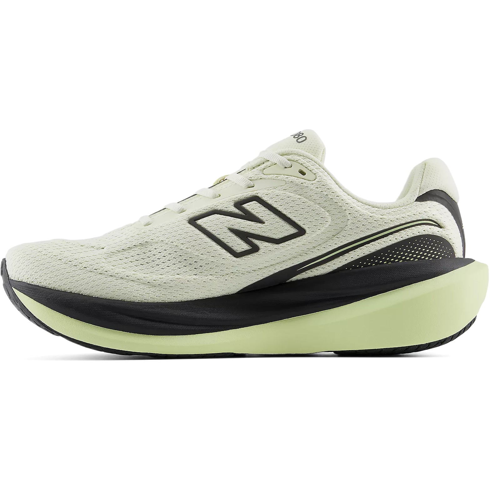 Men's New Balance 1080v15 Running Shoes Pistachio Butter Black inner side view showing Infinion foam cushioning with rubber outsole for long-lasting performance across high-mileage daily running