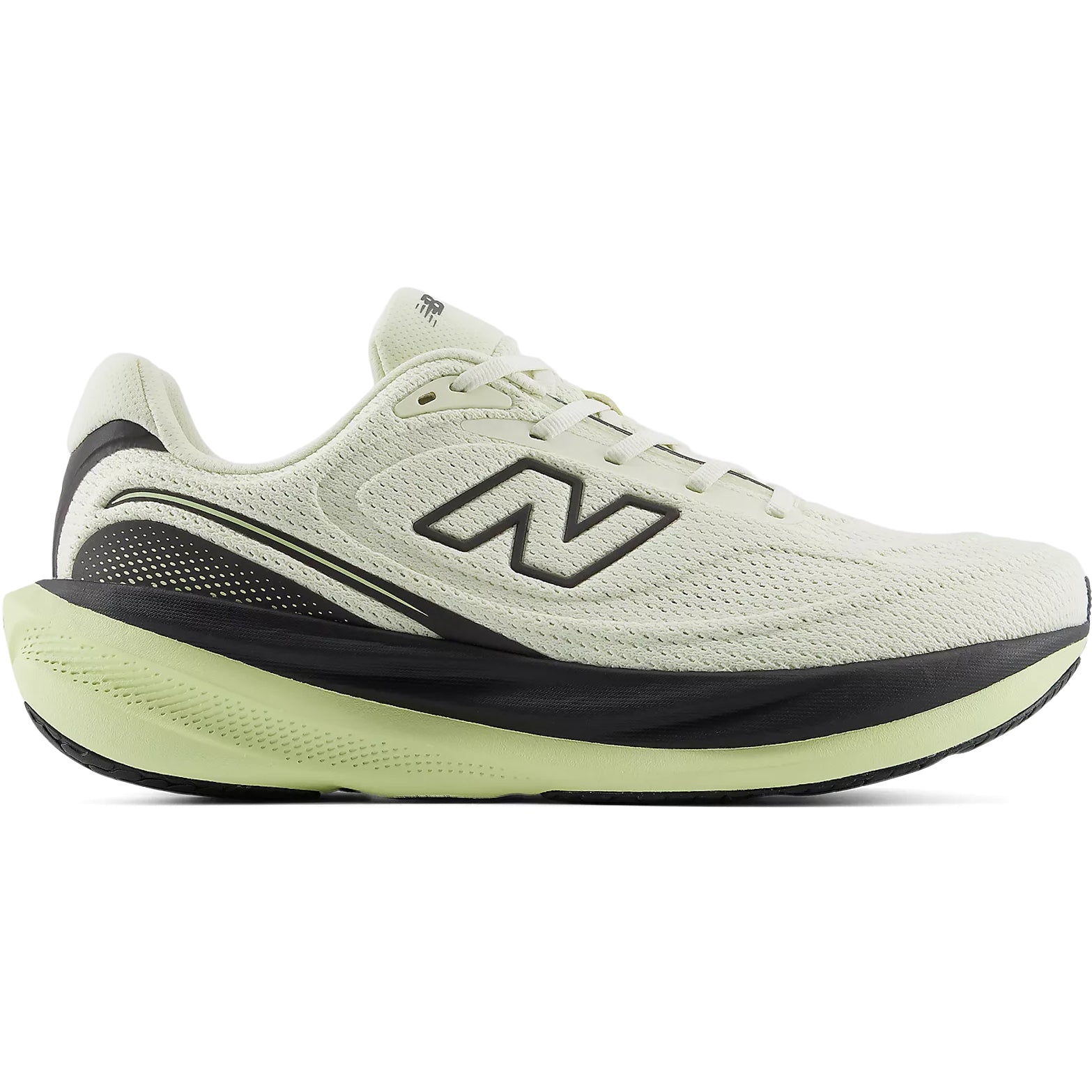 Men's New Balance 1080v15 Running Shoes Pistachio Butter Black outer side view showing Infinion midsole technology with moulded contour details for enhanced cushioning and energy return during daily training