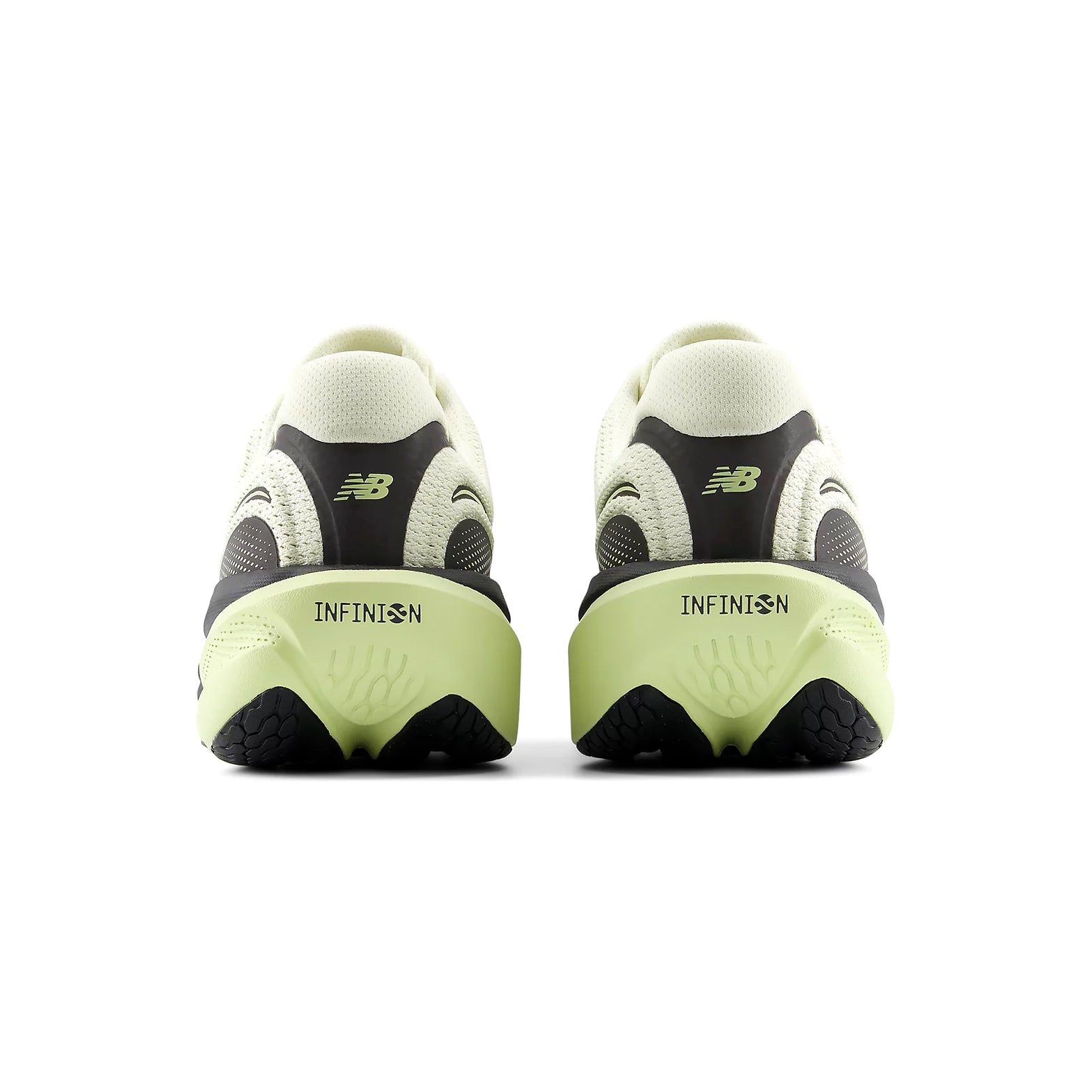 Men's New Balance 1080v15 Running Shoes Pistachio Butter Black heel view showing Infinion midsole technology with moulded contour details for enhanced cushioning and long-lasting performance