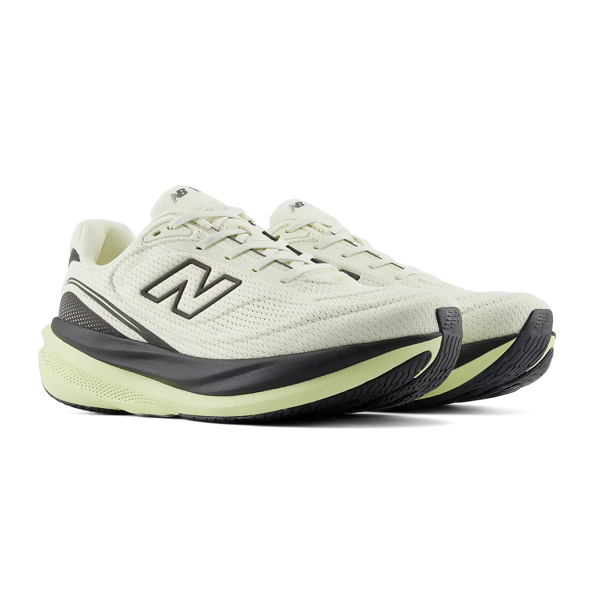 Men's New Balance 1080v15 Running Shoes Pistachio Butter Black angled side view of pair showing Infinion foam midsole with moulded contour details and perforated mesh upper for maximum comfort and long-lasting daily running performance