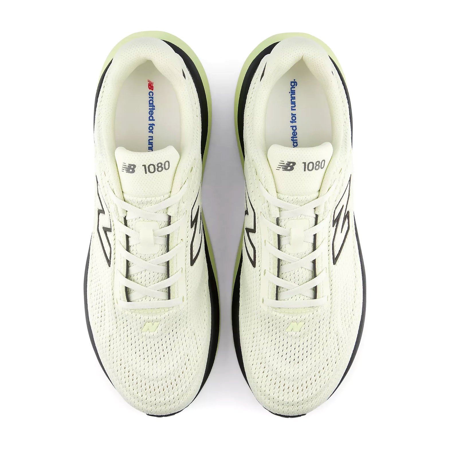 Men's New Balance 1080v15 Running Shoes Pistachio Butter Black top view showing perforated mesh upper with moulded contour details for lightweight breathable heritage-inspired design