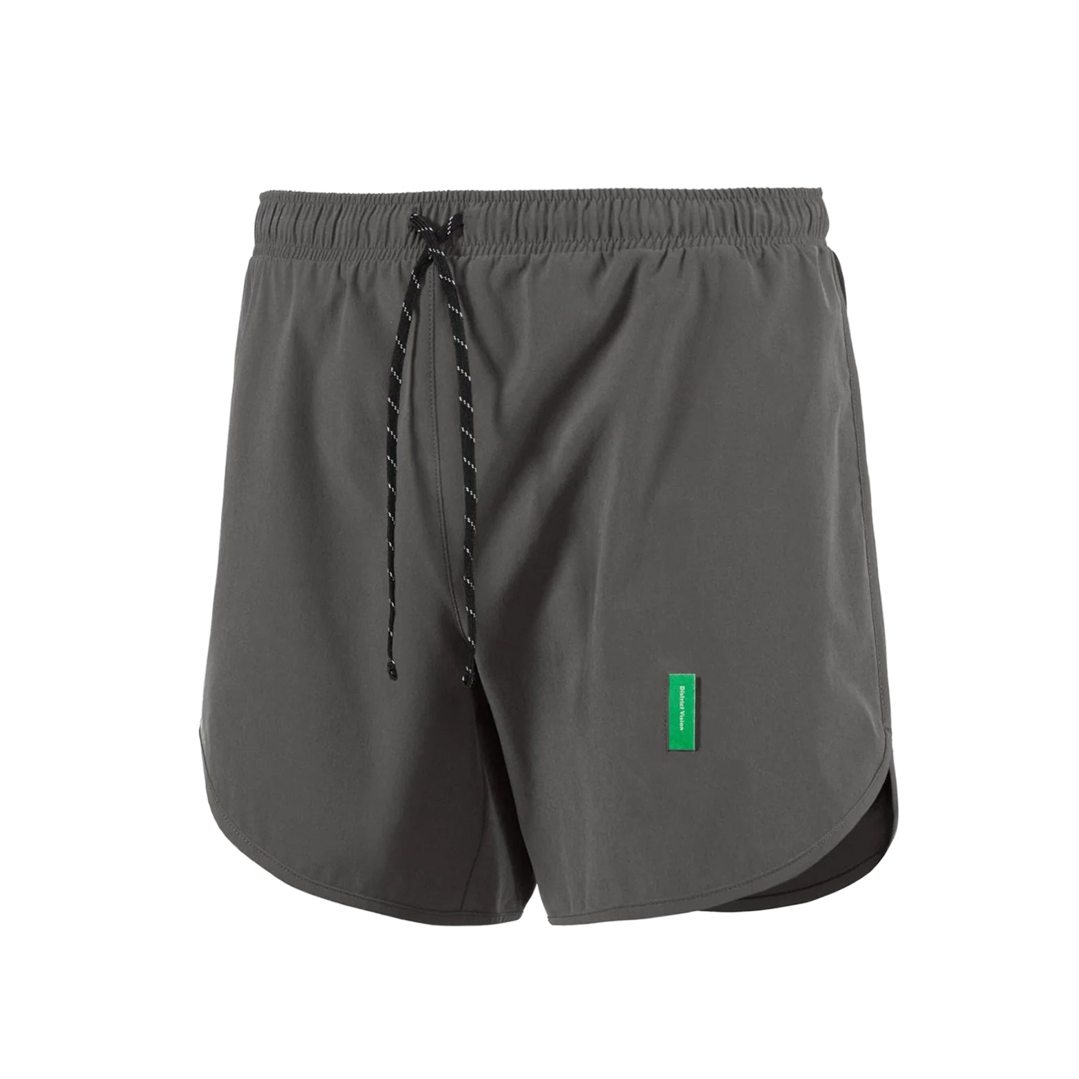 District Vision Men's 5 Inch Training Shorts Carbon front product view showing ultralight aloe four-way stretch comfort liner with powermesh panelling and 5-inch inseam