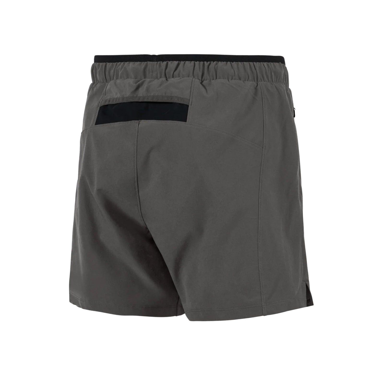 District Vision Men's 7 Inch Training Shorts Carbon back view showing rear envelope pocket and Japanese woven drawcords with moisture and odour control construction