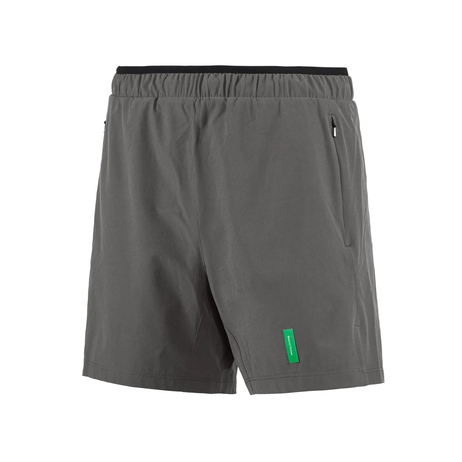 District Vision Men's 7 Inch Training Shorts Carbon front product view showing ultralight aloe four-way stretch comfort liner with dual zippered side pockets and 7-inch inseam