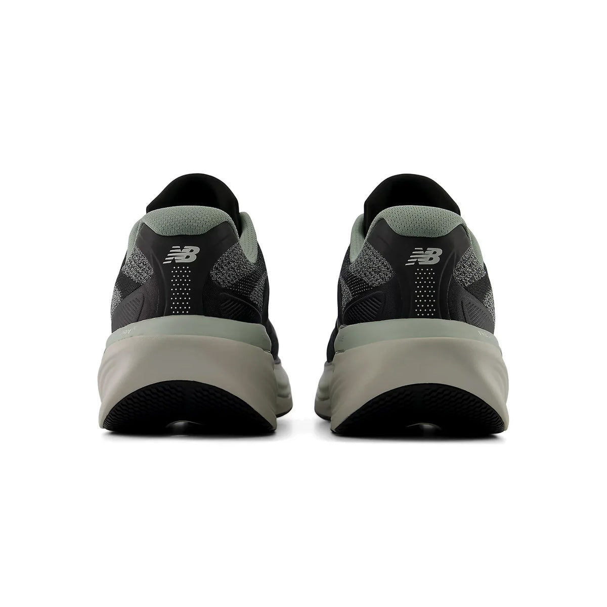 A pair of New Balance Men’s 860v15 Running Shoes in Black/Bayberry, viewed from the back, showcasing a gray and black color scheme with light green accents and a thick, cushioned Fresh Foam X sole.