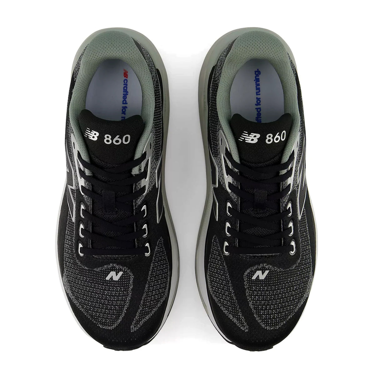A top-down view of a pair of black and bayberry New Balance Men’s 860v15 running shoes with laces tied and 860 printed on the sides, featuring Fresh Foam X cushioning for enhanced comfort.