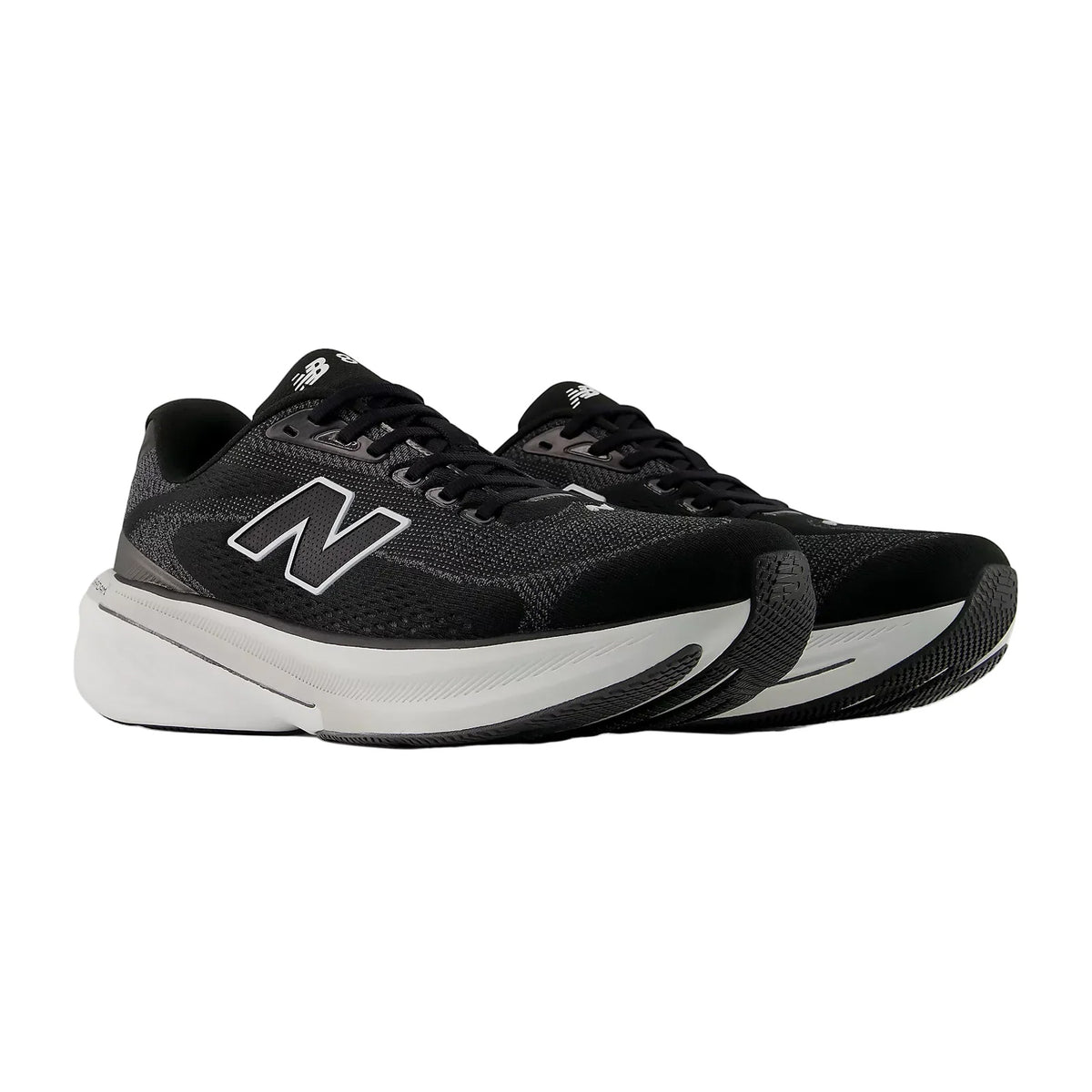 Men's New Balance 860v15 Running Shoes Black White angled side and heel view showing Fresh Foam X most cushioned midsole with Stability Plane support and rocker profile for stability without compromising comfort during high-mileage training