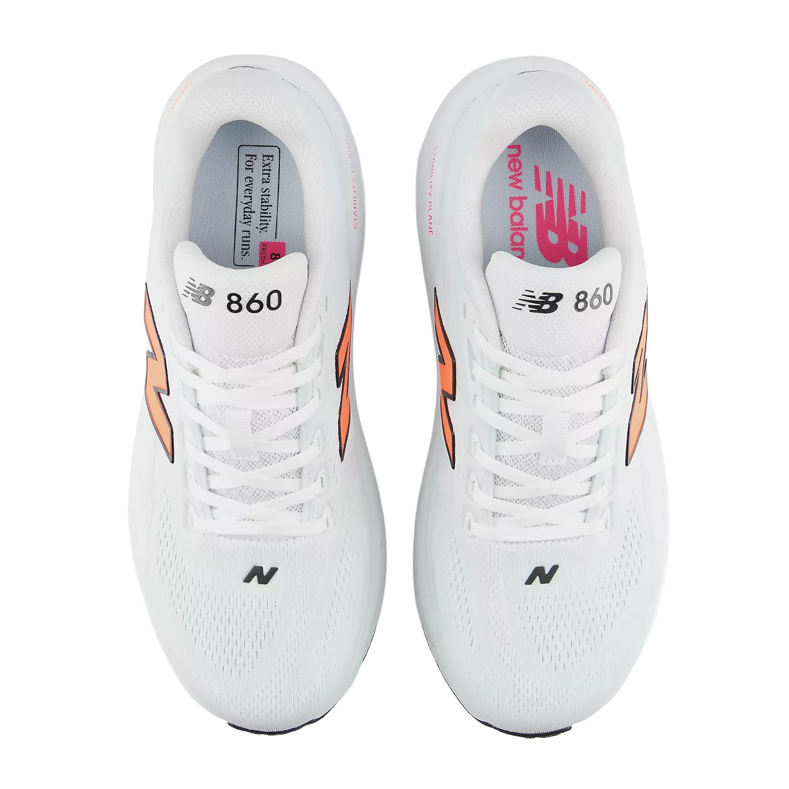 New Balance 860v15 men's running shoe in White / Tangerine Heat / Glint Blue — top-down view showing white synthetic upper construction, lace closure and tangerine heat accent detailing