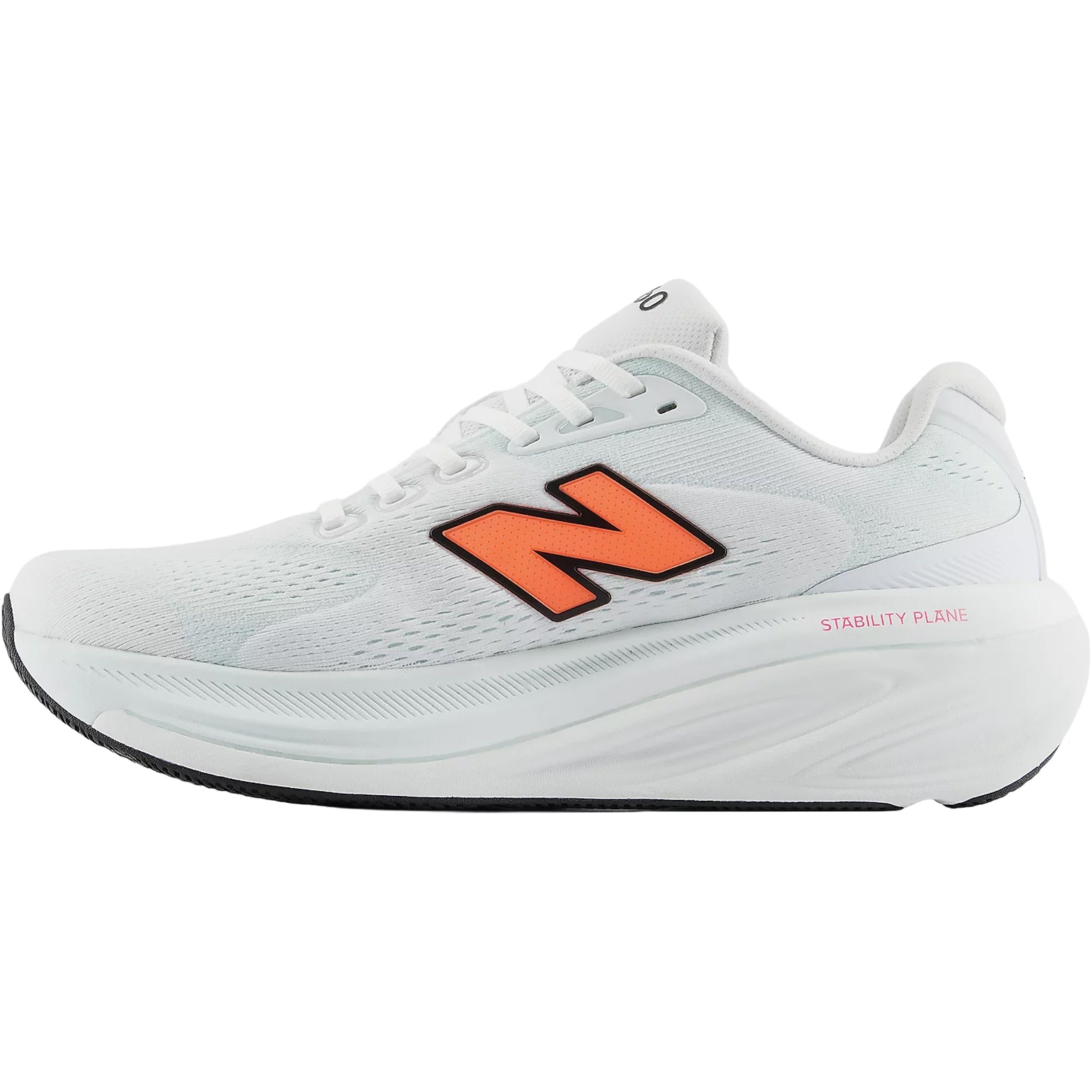 New Balance 860v15 men's running shoe in White / Tangerine Heat / Glint Blue — inner view showing white synthetic upper, glint blue midsole detailing and medial post Stability Plane construction