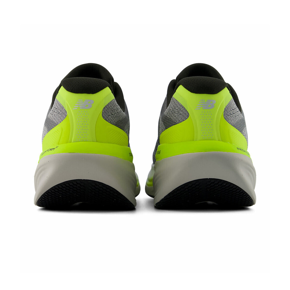 Men's New Balance 860v15 Wide Fit Running Shoes Slate Grey Alkaline Green heel view showing Fresh Foam X cushioning stack with Stability Plane technology and wide fit construction for reliable long-haul training