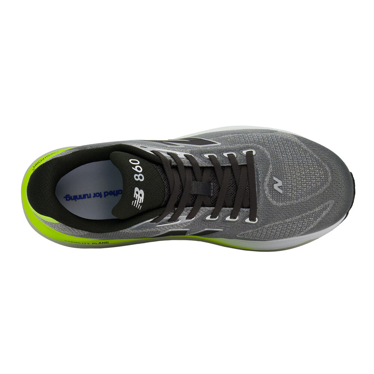 Men's New Balance 860v15 Wide Fit Running Shoes Slate Grey Alkaline Green top view showing synthetic upper with wide fit construction and breathable design for comfortable daily training
