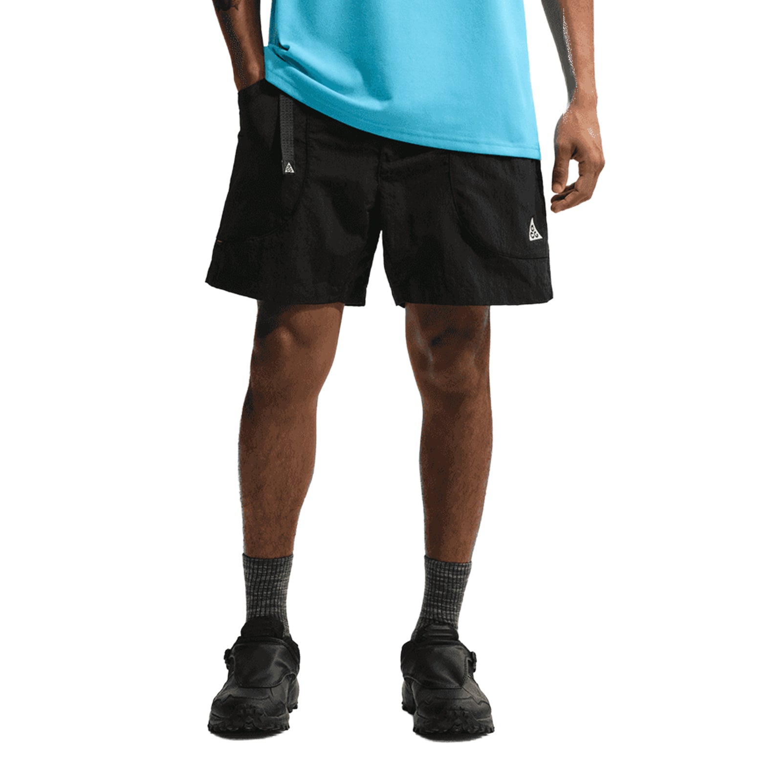 Men's Nike ACG Dolomiti Shorts Black Summit White front view showing loose fit with elastic waistband and belt