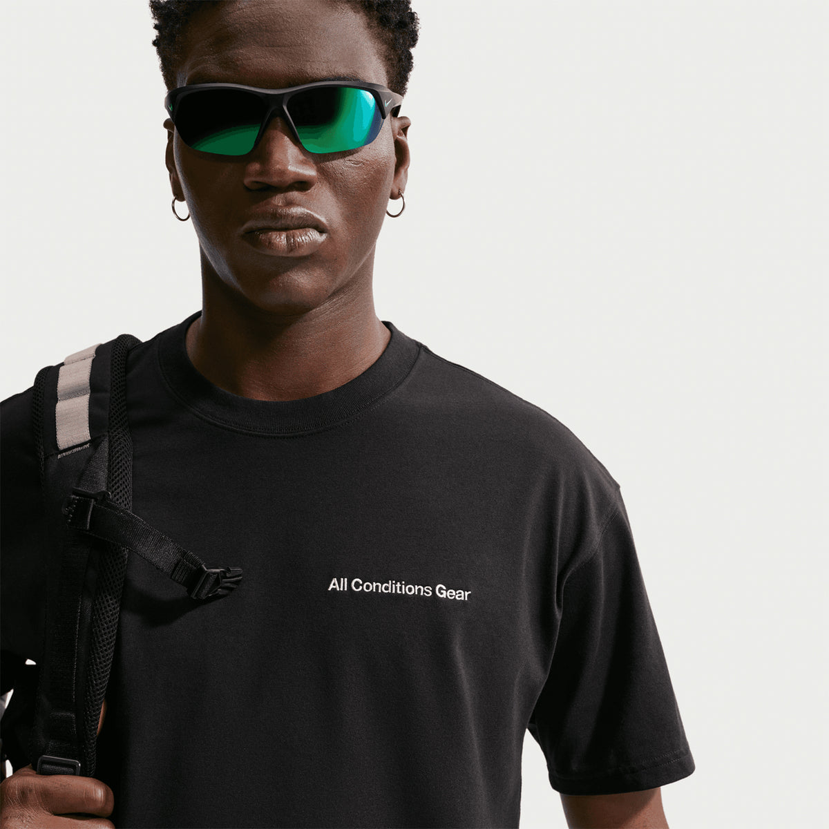 Men's Nike ACG Dri-FIT T-Shirt Black worn by male model front view showing sweat-wicking fabric, relaxed fit and versatile everyday design