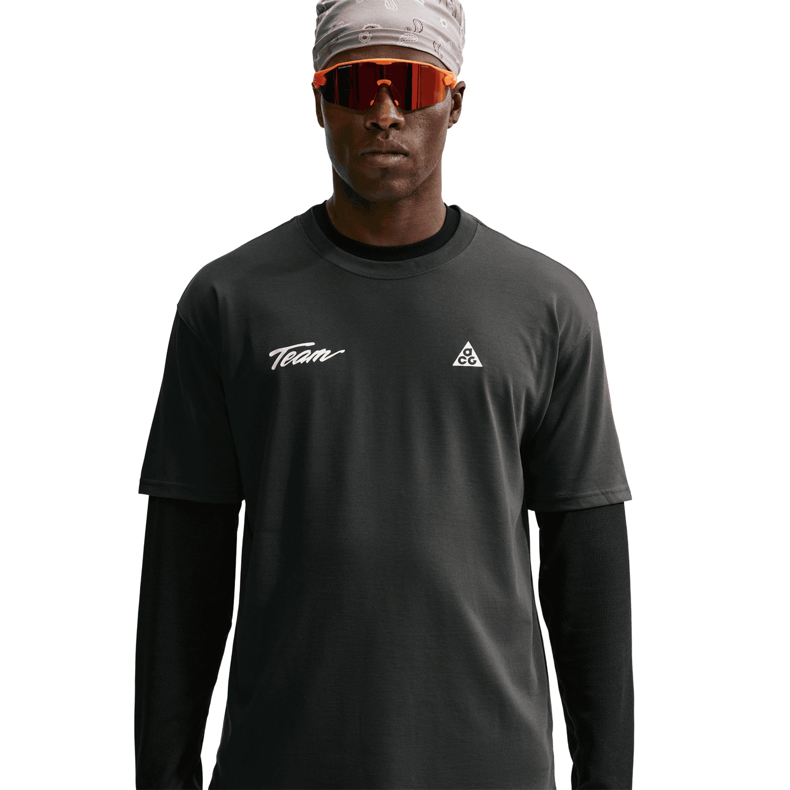 Men's Nike ACG Dri-FIT Tee Dark Smoke Grey front product view showing relaxed fit with smooth Dri-FIT moisture-wicking fabric and ACG branding