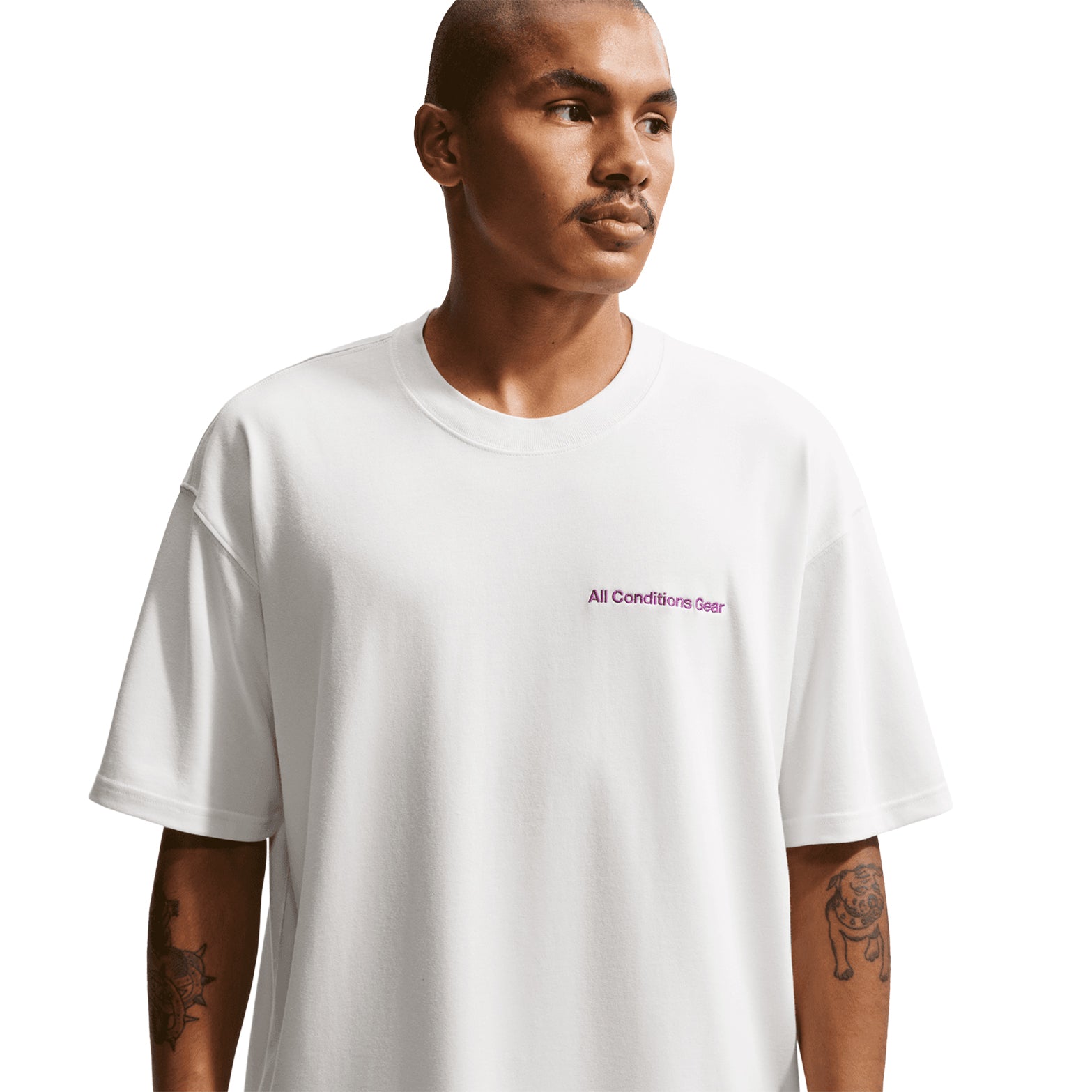 Men's Nike ACG Dri-FIT Tee Summit White front product view showing Dri-FIT moisture-wicking fabric with ACG branding for trail running and outdoor activities