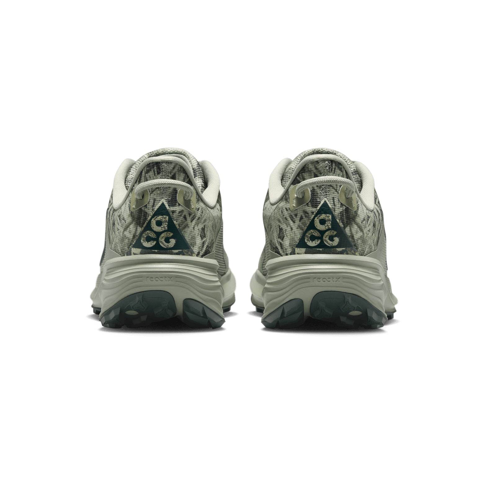 Men's Nike ACG Pegasus Trail Running Shoes Spruce Fog Sea Glass Black Spruce heel view showing increased ReactX foam stack with All Terrain Compound outsole for responsive cushioned trail running