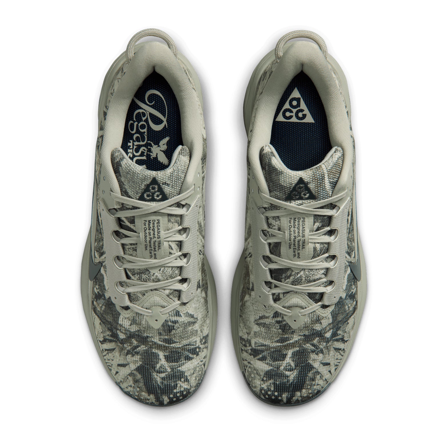 Men's Nike ACG Pegasus Trail Running Shoes Spruce Fog Sea Glass Black Spruce top view showing lightweight engineered mesh upper with wider forefoot and water-shedding breathable construction for trail running