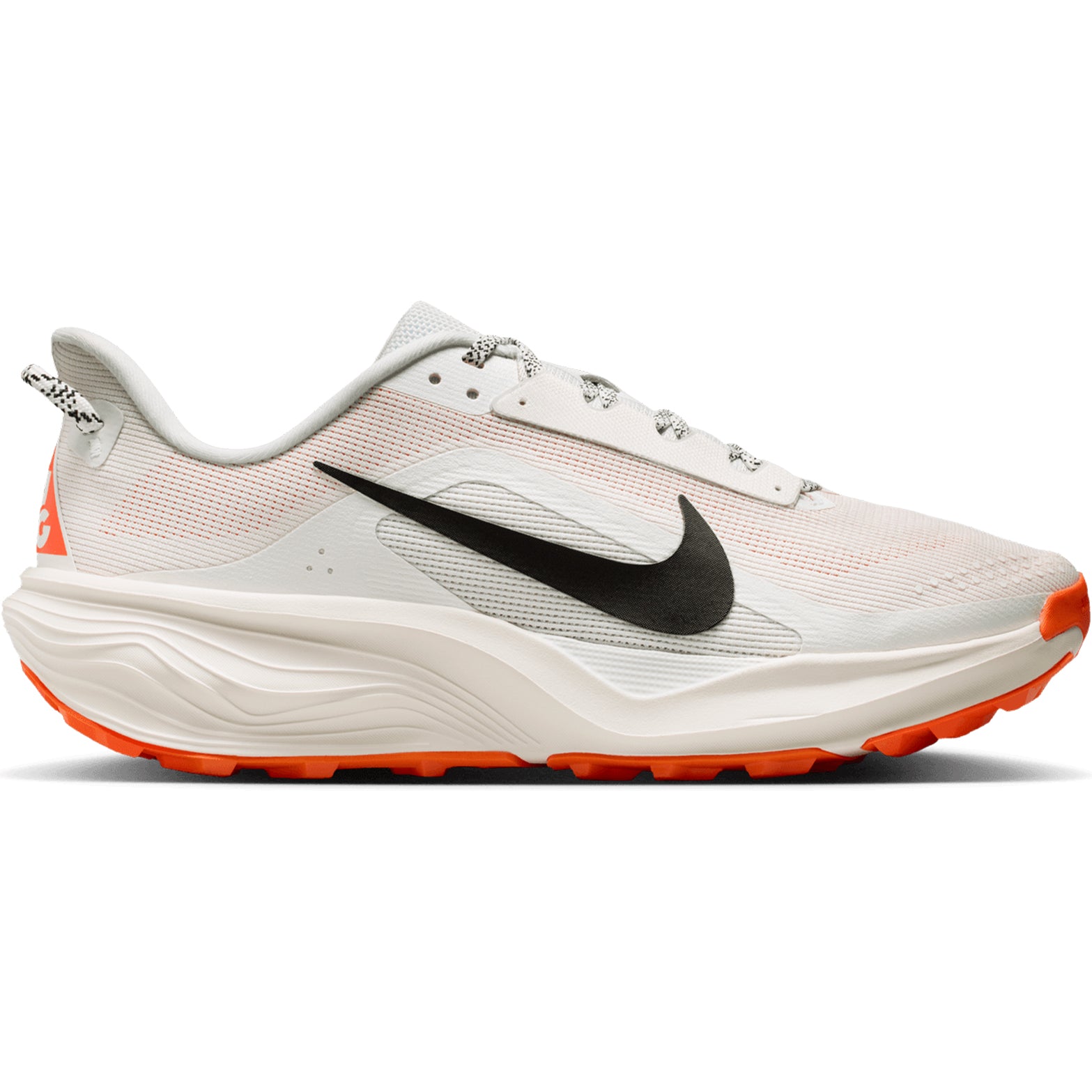 Nike ACG Pegasus Trail men's running shoe in Summit White / Phantom / Safety Orange / Black — outer view showing summit white engineered mesh upper with phantom, safety orange and black accent detailing and ReactX foam midsole profile