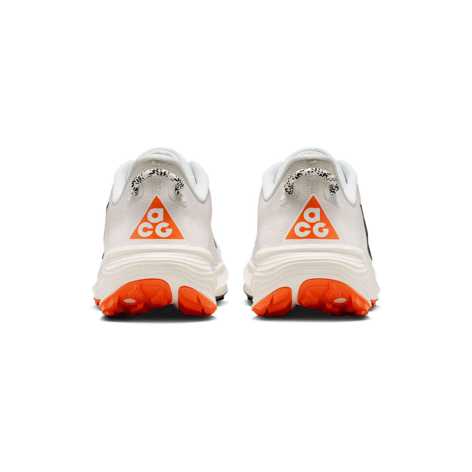 Nike ACG Pegasus Trail men's running shoe in Summit White / Phantom / Safety Orange / Black — heel view showing structured trail support construction, safety orange heel detailing and phantom ReactX foam midsole contrast