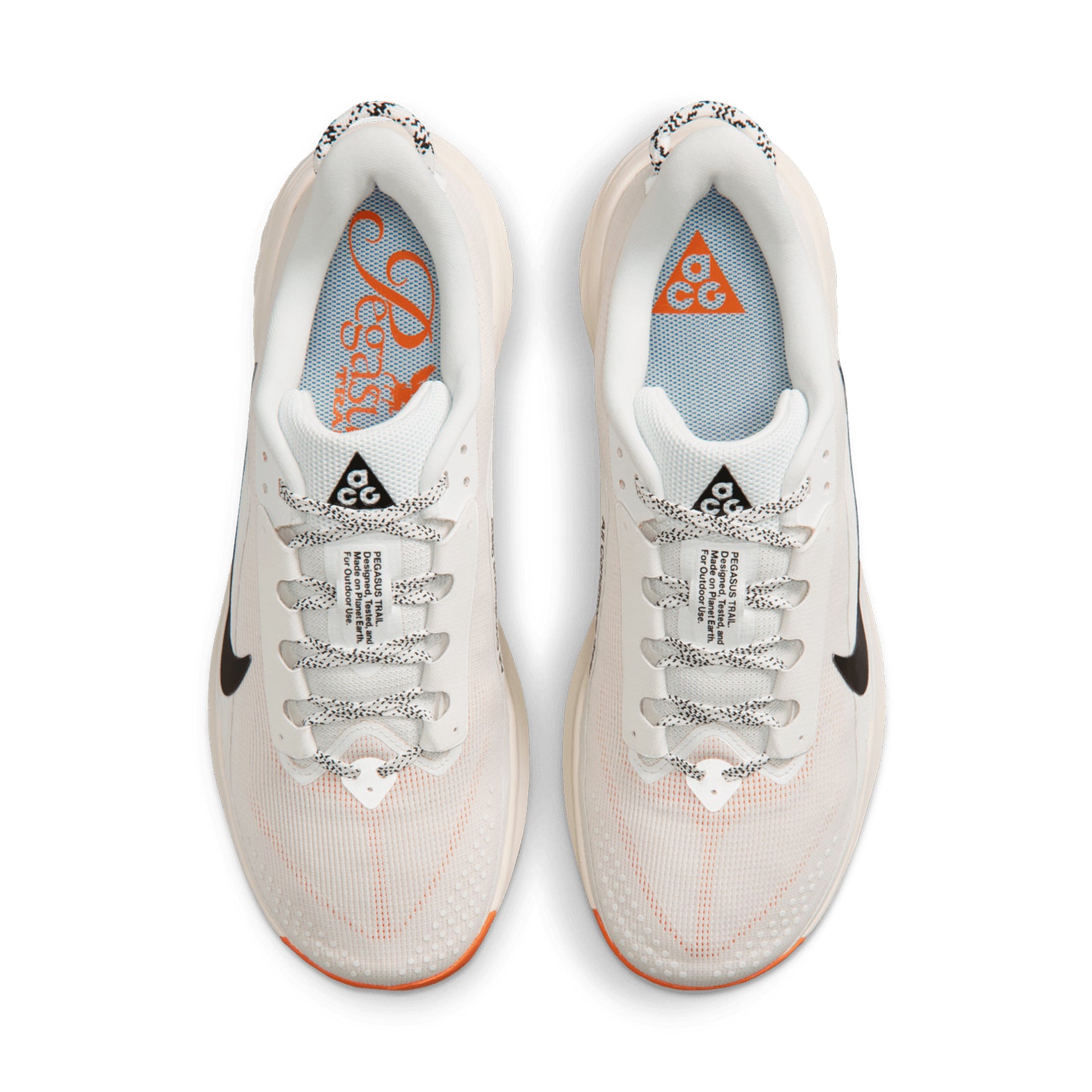 Nike ACG Pegasus Trail men's running shoe in Summit White / Phantom / Safety Orange / Black — top-down view showing summit white engineered mesh upper construction, lace closure and phantom, safety orange and black accent detailing with wider forefoot width