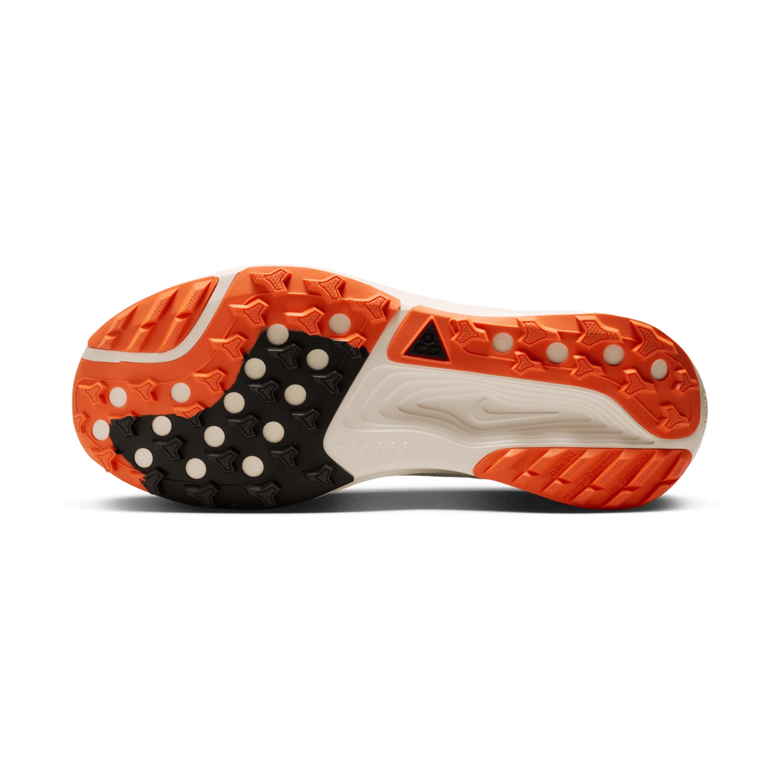 Nike ACG Pegasus Trail men's running shoe in Summit White / Phantom / Safety Orange / Black — outsole view showing All Terrain Compound traction pattern and phantom ReactX foam midsole stack profile with increased stack height