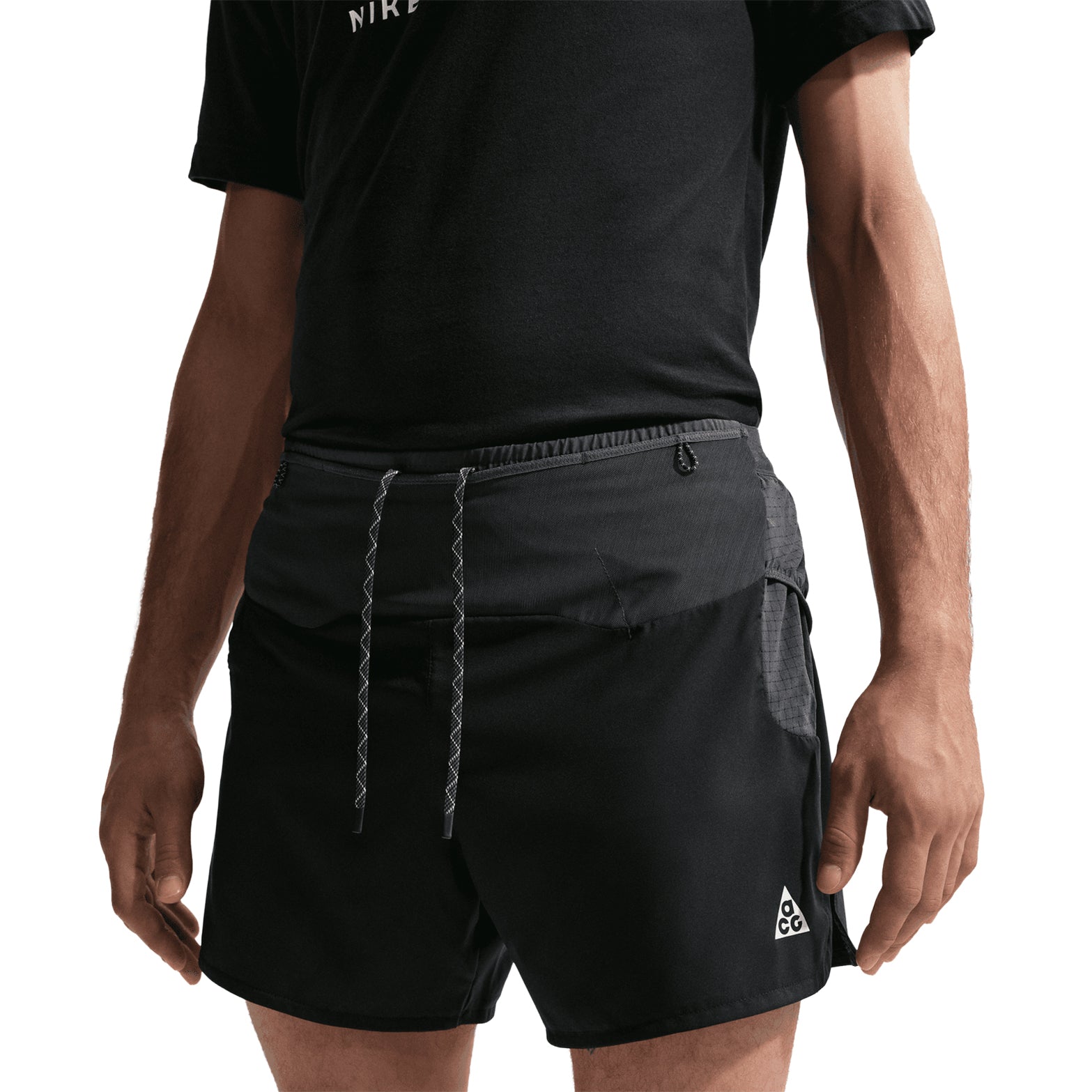 Men's Nike ACG Second Sunrise Dri-FIT 5 Inch Running Shorts Black Anthracite Summit White front product view showing 8-pocket design with mesh-lined stash pockets and Dri-FIT ADV moisture-wicking construction