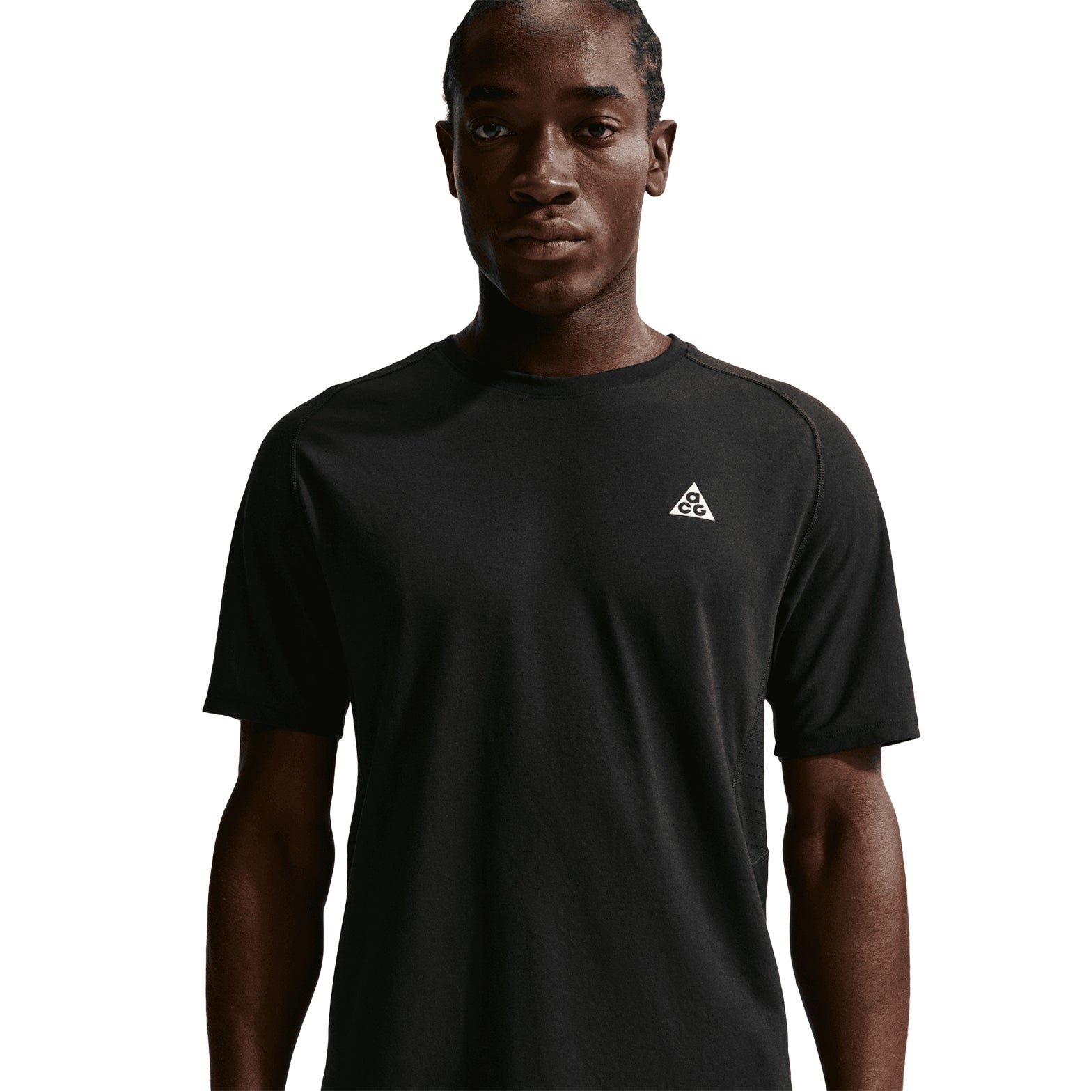 Men's Nike ACG Solar Chase Dri-FIT ADV Trail Running Tee Black Summit White front view on male model showing lightweight cotton-poly blend with Dri-FIT ADV moisture-wicking for outdoor running and hiking