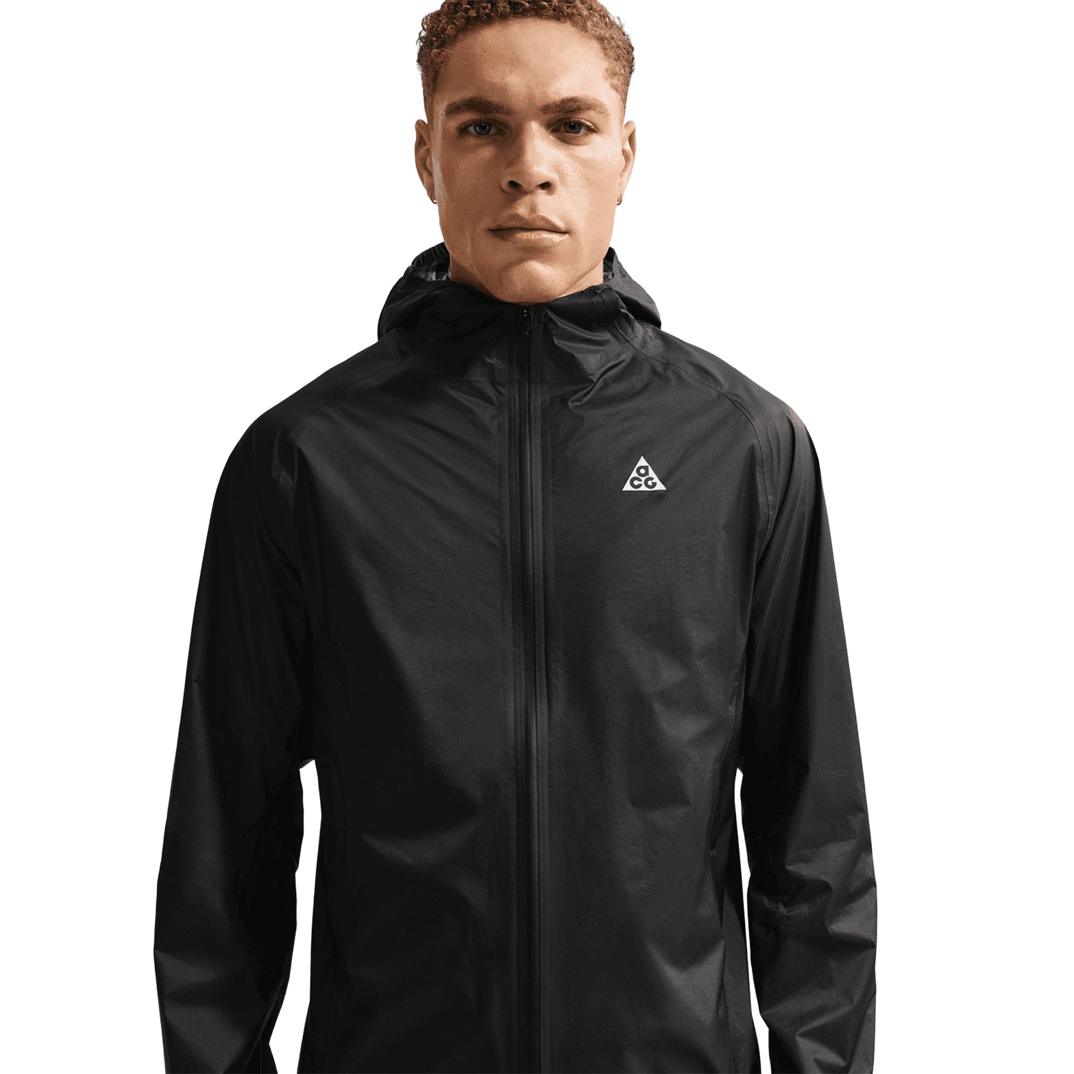 Nike ACG Trailwind men's Storm-FIT ADV jacket in Anthracite / Summit White — front product shot showing anthracite ultra-lightweight nylon with summit white detailing, sealed seams and bungee-adjustable hood