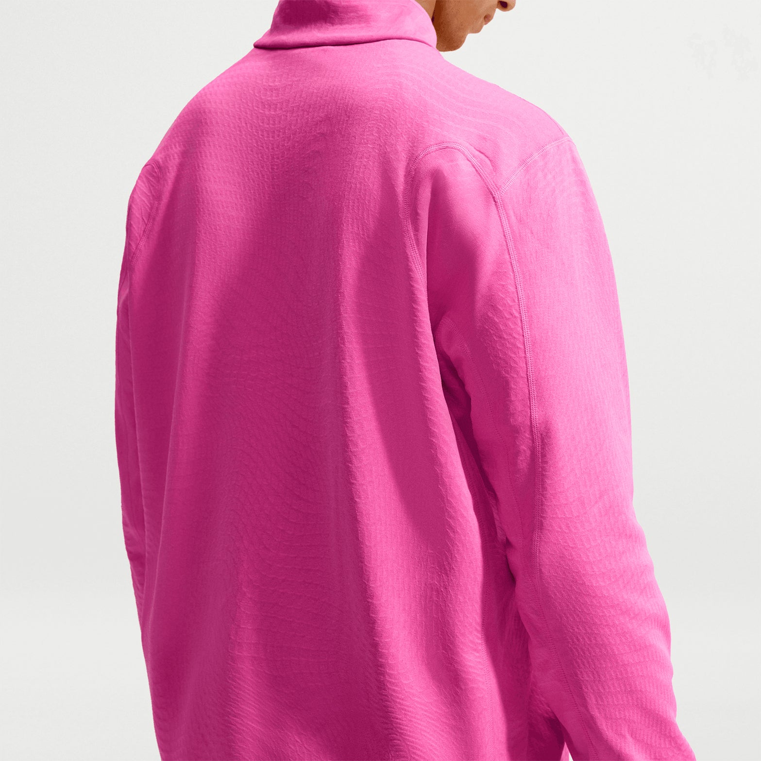 Men's Nike ACG Wolf Grid Therma-FIT 1/2 Zip Top Desert Pink Light Crimson Summit White back view showing grid-back fleece construction with Therma-FIT technology and flat seam shoulder panels for unrestricted movement
